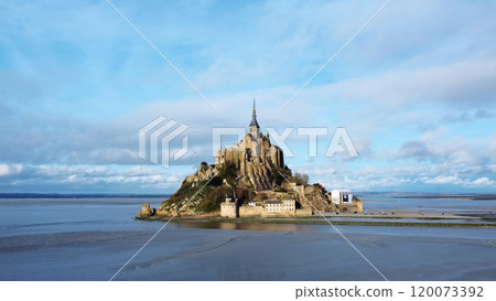 Mont Saint Michel, Normandy, northern France abbey on tidal island aerial view Mont Saint Michel, Normandy, northern France abbey on tidal island aerial view 120073392