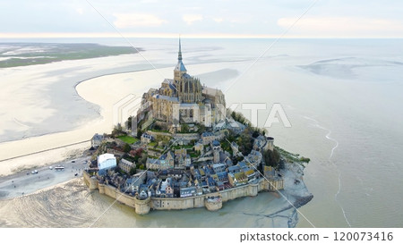 Aerial View of Mont Saint-Michel Abbey and Village 120073416