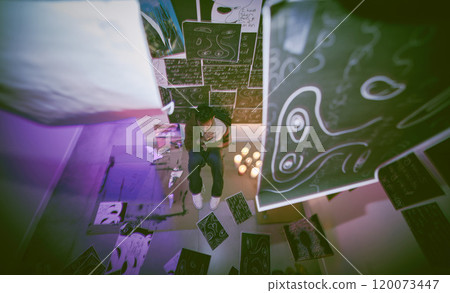 Artist, anxiety and man in bedroom, fear and scared with mental health, depression and above. Abstract, sketch and drawing with OCD, creative or paranoid for psychology or bipolar with insomnia 120073447