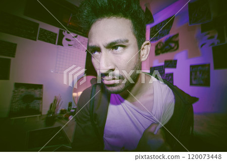 Home, night and asian man with fear for depression, anxiety and mental disorder by neon light. Confusion, male person and OCD with schizophrenia for creativity, bipolar and paranoid in apartment Home, night and asian man with fear for depression, anxiety and mental disorder by neon light. Confusion, male person and OCD with schizophrenia for creativity, bipolar and paranoid in apartment 120073448