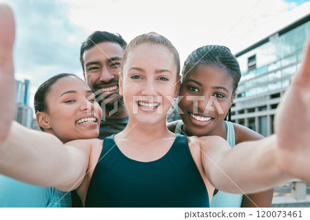 Portrait, fitness and selfie of happy friends in city for teamwork, support and motivation to exercise. Face, smile and sports group in picture together for diversity, health blog and people in pov Portrait, fitness and selfie of happy friends in city for teamwork, support and motivation to exercise. Face, smile and sports group in picture together for diversity, health blog and people in pov 120073461