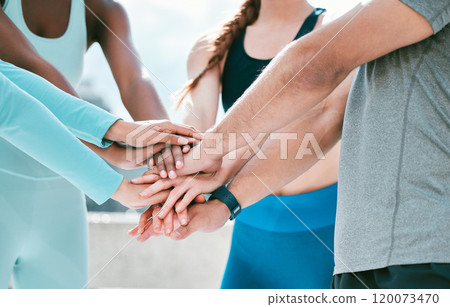 Fitness, group and hands together in city with exercise, motivation and support. Runner, team and people with marathon training, diversity and achievement of urban running club or friends outdoor 120073470