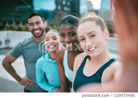 Portrait, fitness and selfie of happy friends outdoor for teamwork, exercise and training photo. Face, smile and sports group in picture together for diversity, health blog and people in pov in city Portrait, fitness and selfie of happy friends outdoor for teamwork, exercise and training photo. Face, smile and sports group in picture together for diversity, health blog and people in pov in city 120073486