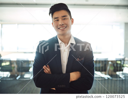 Portrait, arms crossed and happy Asian man in business office for corporate pride or career growth. Face, smile and confident professional in suit, employee or insurance agent in enterprise in Japan Portrait, arms crossed and happy Asian man in business office for corporate pride or career growth. Face, smile and confident professional in suit, employee or insurance agent in enterprise in Japan 120073525