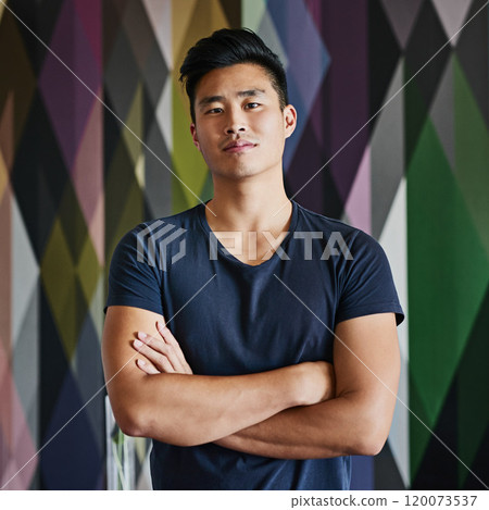Portrait, Asian man and arms crossed on pattern background for creative ideas and textile technician. Male person, employee and confident in Japan with career growth or job opportunity as designer 120073537