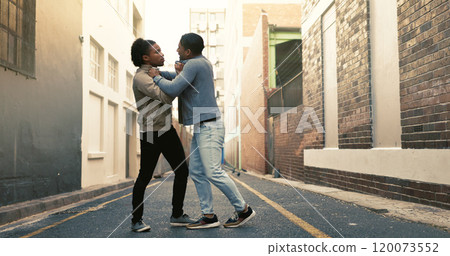 Conflict, fear or fighting with men in city for aggressive disagreement, physical harm and violence. Anger, bullying and threat with enemy people outdoor in urban town for frustration or harassment 120073552