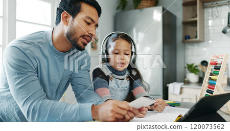 Tablet, education and dad with girl in home for online learning, school project or math lesson. Family, digital tech and father help child with homework for research, teaching and abacus for counting 120073562