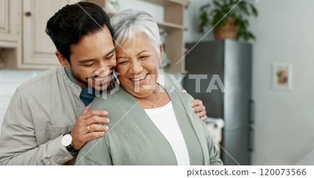 Home, senior mother and son with hug for care, comfort and assurance with bonding together in kitchen. Happy people, elderly mom and man with embrace for mothers day, support and expression of love Home, senior mother and son with hug for care, comfort and assurance with bonding together in kitchen. Happy people, elderly mom and man with embrace for mothers day, support and expression of love 120073566