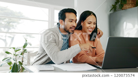 Kitchen, couple and smile with laptop for finance, track expenses and success for budget goals. Discussion, man and woman with tax review for checking, handle savings and mortgage document at home 120073574