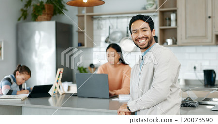 Man, portrait and family with remote work in kitchen with smile, child and tech for education, study and freelancing. Father, mother and daughter with tablet, computer and together at house in Mexico Man, portrait and family with remote work in kitchen with smile, child and tech for education, study and freelancing. Father, mother and daughter with tablet, computer and together at house in Mexico 120073590