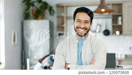 Home, kitchen and portrait of man with smile, confidence and freelancer with support for family wellness. Morning, relax and proud dad in house with arms crossed, remote work and happy face in India 120073600