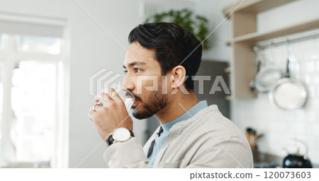 Glass, relax and man in kitchen with water, inspiration or calm morning reflection with insight, Thinking, drink and person in home with ideas, nutrition and hydration for health, balance or wellness Glass, relax and man in kitchen with water, inspiration or calm morning reflection with insight, Thinking, drink and person in home with ideas, nutrition and hydration for health, balance or wellness 120073603