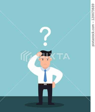 A sad Caucasian businessman with question mark over his head showing that he is in a big tro A sad Caucasian businessman with question mark over his head showing that he is in a big tro 120073689