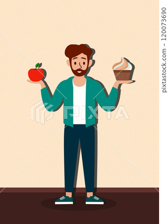 A man is holding an apple and a cupcake in his hands A man is holding an apple and a cupcake in his hands 120073690