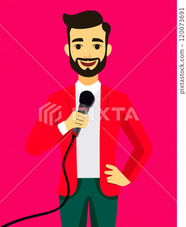 A man in a red jacket is holding a microphone A man in a red jacket is holding a microphone 120073691