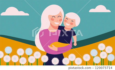 Blonde mom hugs her son in a field with dandelions Blonde mom hugs her son in a field with dandelions 120073714