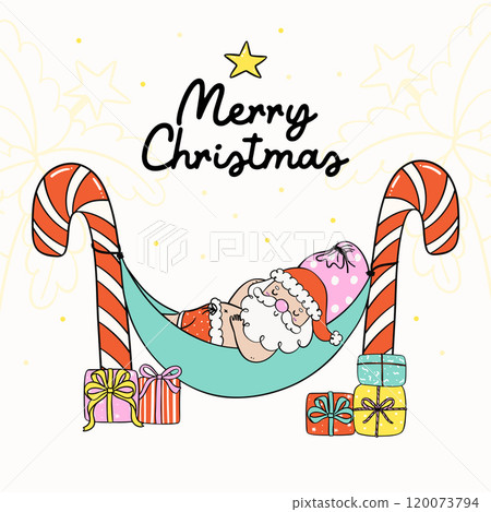 Groovy Christmas Summer Santa Playful Retro Cartoon of Santa Relaxing on Hammock 120073794