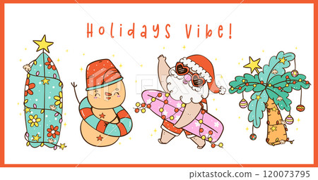 Group of Cute Groovy Christmas Summer Beach Santa and Sandman idea for greeting card and banner Group of Cute Groovy Christmas Summer Beach Santa and Sandman idea for greeting card and banner 120073795