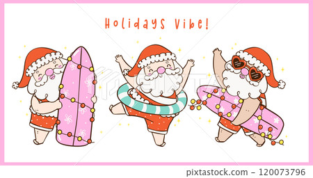 Group of Cute Groovy Christmas Summer Beach Santa idea for greeting card and banner 120073796