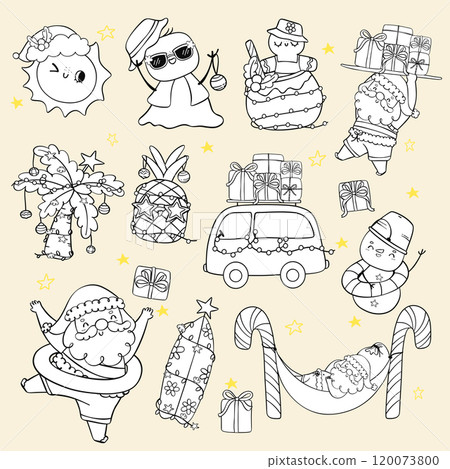 Group of Cute Groovy Summer Christmas Tropical Holidays Element Symbol cartoon doodle hand drawn Coloring image set 120073800