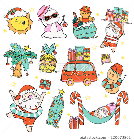 Group of Cute Groovy Summer Christmas Tropical Holidays Element Symbol cartoon doodle hand drawn set 120073801
