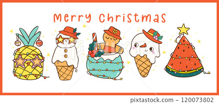 Group of Cute Groovy Summer Christmas Tropical Holidays Symbol idea for greeting card and banner 120073802