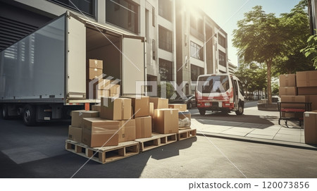 A white delivery truck is parked by a building with boxes 120073856