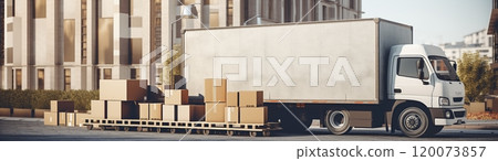 A white delivery truck is parked by a building with boxes 120073857