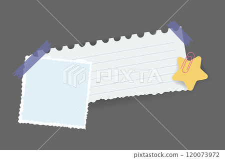 Paper notes stickers. Place for memo messages on paper sheets. Attached with sticky colorful tape on grey background isolated vector illustration Paper notes stickers. Place for memo messages on paper sheets. Attached with sticky colorful tape on grey background isolated vector illustration 120073972