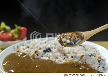Spoon in the steaming grains and curry. 120073977