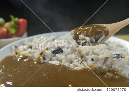 Spoon in the steaming grains and curry. Spoon in the steaming grains and curry. 120073978