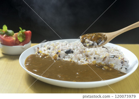 用湯匙舀起熱氣騰騰的穀物和咖哩。 120073979
