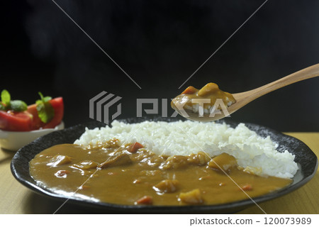 Scoop up the steaming curry rice with a spoon Scoop up the steaming curry rice with a spoon 120073989
