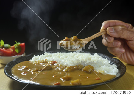 一位老人的手用湯匙舀著熱氣騰騰的咖哩飯 120073990