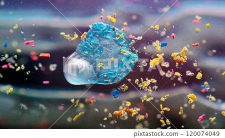 macro photo of microplastic floating in the ocean 120074049
