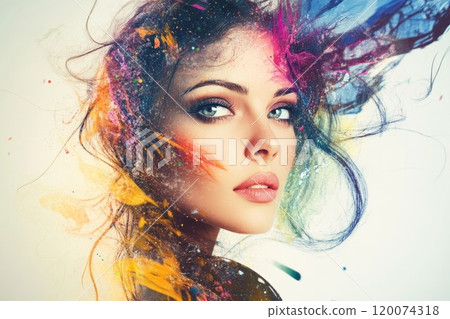 Abstract portrait of a beautiful woman with a colorful digital paint splash. 120074318