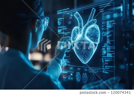 Factory worker views a holographic projection of a machine internals. 120074341
