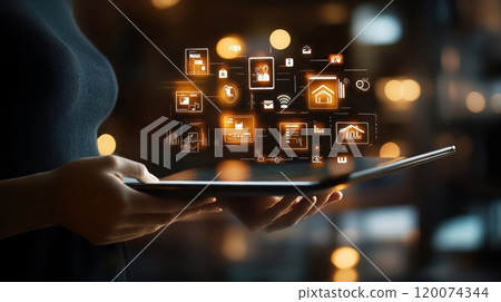 Digital Home Management Icons on Tablet. 120074344