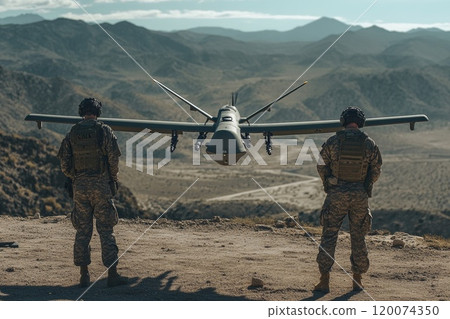 Two soldiers launch a military drone into flight. Two soldiers launch a military drone into flight. 120074350