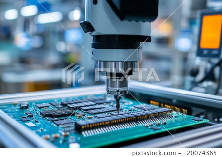 Automated machine arm calibrating and assembling circuit board components. 120074365