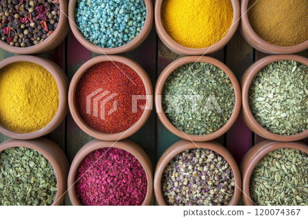 A vibrant collection of spices in earthenware bowls. 120074367