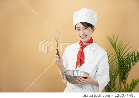 Chef with beige bag, whisk and bowl Chef with beige bag, whisk and bowl 120074495