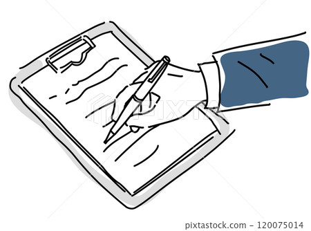 Rough hand-drawn line drawing of a man filling out a document 120075014