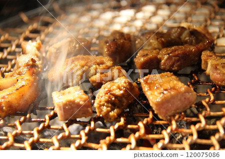 grilled pork on charcoal grill 120075086