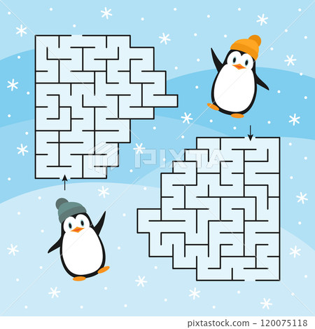 A colorful maze with cute penguins and snowflakes on blue 120075118