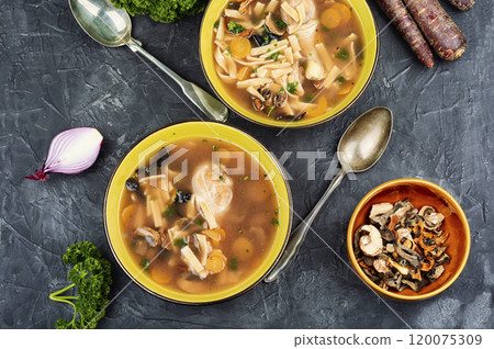 Delicious noodle soup with chicken and vegetables Delicious noodle soup with chicken and vegetables 120075309