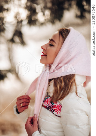 Beautiful Russian woman in a headscarf, portrait Beautiful Russian woman in a headscarf, portrait 120075546