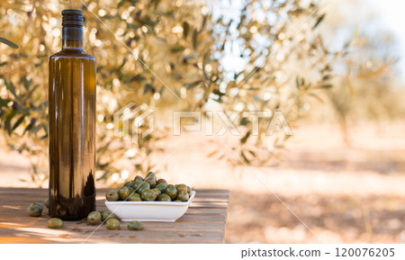 Green olives and oil on table in olive grove Green olives and oil on table in olive grove 120076205