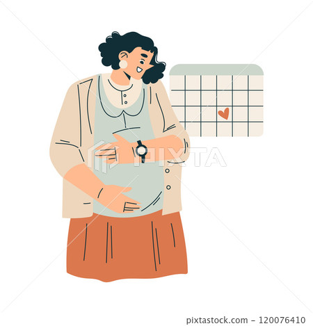 Pregnancy Planning with Young Woman Touching Belly with Calendar Vector Illustration 120076410