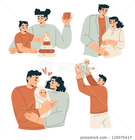 Pregnancy Planning with Young Man and Woman Engaged in Prenatal Care Vector Set 120076417